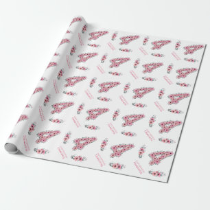 Big 4th Birthday Green Foliage Girl Pink Flowers Wrapping Paper