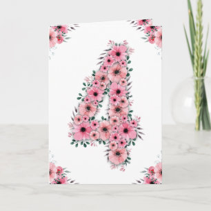 Big 4th Birthday Pink Flowers Green Foliage Girl Card