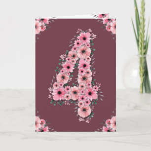Big 4th Birthday Pink Flowers Green Foliage Girl Card