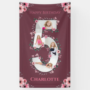 Big 5th Birthday Girl Photo Collage Pink Flower Banner