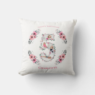 Big 5th Birthday Girl Photo Collage Pink Flower Cushion