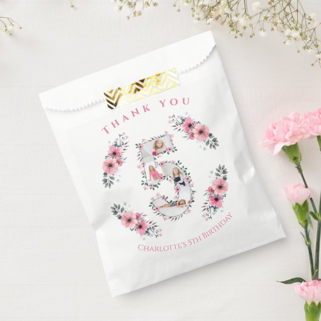 Big 5th Birthday Girl Photo Collage Pink Flower Favour Bag (Sealed)