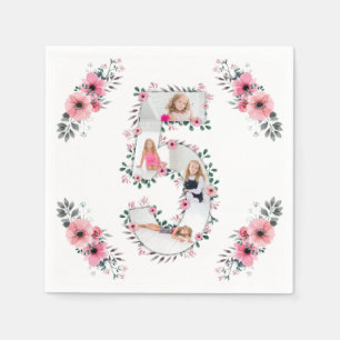Big 5th Birthday Girl Photo Collage Pink Flower Napkin