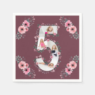 Big 5th Birthday Girl Photo Collage Pink Flower Napkin