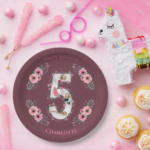 Big 5th Birthday Girl Photo Collage Pink Flower Paper Plate