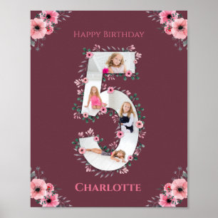 Big 5th Birthday Girl Photo Collage Pink Flower Poster