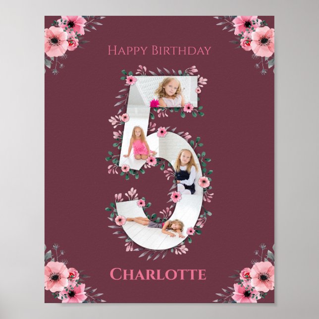 Big 5th Birthday Girl Photo Collage Pink Flower Poster (Front)