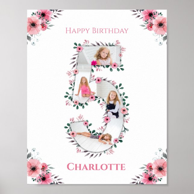 Big 5th Birthday Girl Photo Collage Pink Flower Poster (Front)