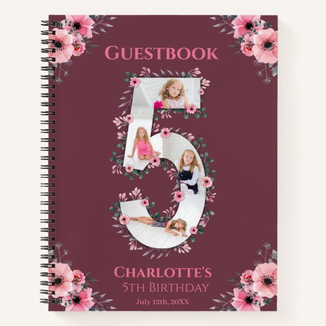 Big 5th Birthday Girl Photo Pink Flower Guest Book (Front)