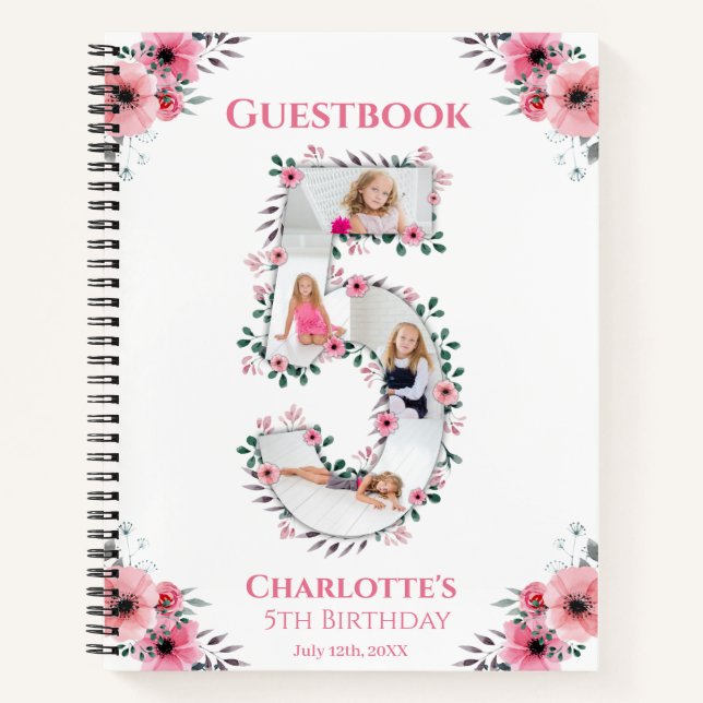 Big 5th Birthday Girl Photo Pink Flower Guest Book (Front)