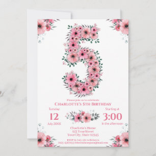 Big 5th Birthday Green Foliage Girl Pink Flowers Invitation