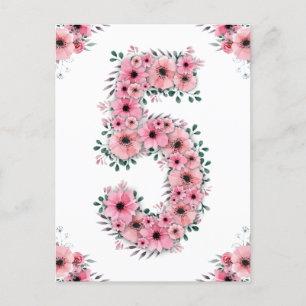 Big 5th Birthday Pink Flowers Girl Green Foliage Postcard