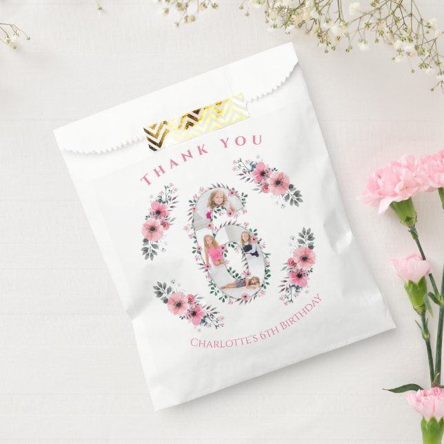 Big 6th Birthday Girl Photo Collage Pink Flower Favour Bag (Sealed)