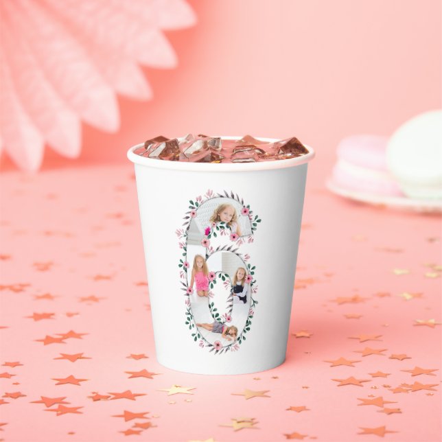 Big 6th Birthday Girl Photo Collage Pink Flower Paper Cups (Insitu)
