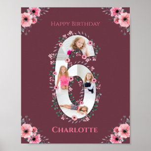 Big 6th Birthday Girl Photo Collage Pink Flower Poster