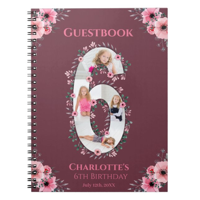 Big 6th Birthday Girl Photo Pink Flower Guest Book (Front)