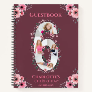 Big 6th Birthday Girl Photo Pink Flower Guest Book