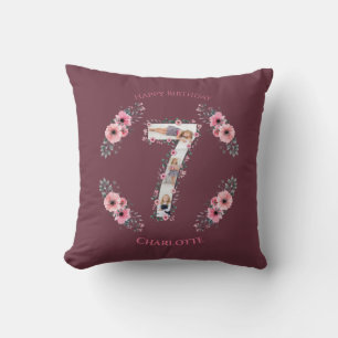 Big 7th Birthday Girl Photo Collage Pink Flower Cushion