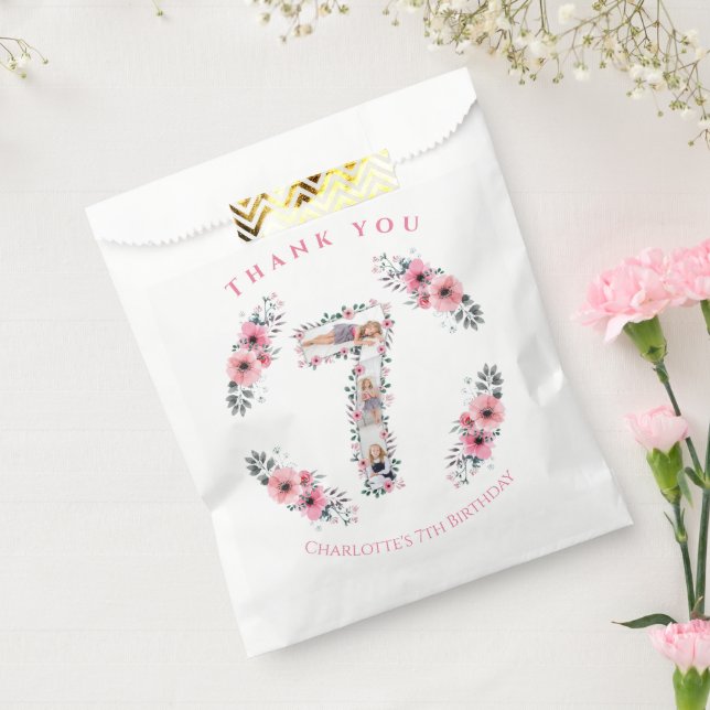 Big 7th Birthday Girl Photo Collage Pink Flower Favour Bag (Sealed)