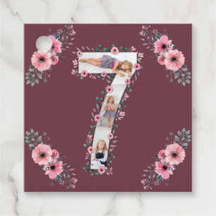 Big 7th Birthday Girl Photo Collage Pink Flower Favour Tags