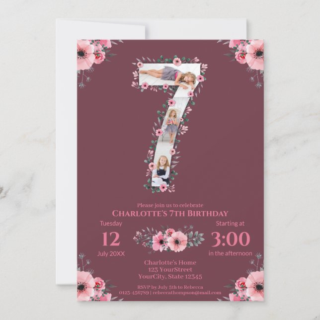 Big 7th Birthday Girl Photo Collage Pink Flower Invitation (Front)