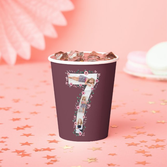 Big 7th Birthday Girl Photo Collage Pink Flower Paper Cups (Insitu)