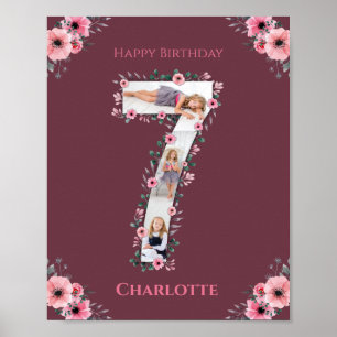 Big 7th Birthday Girl Photo Collage Pink Flower Poster
