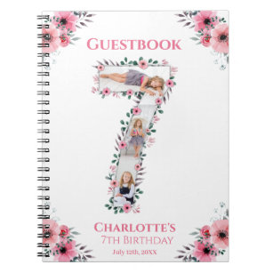 Big 7th Birthday Girl Photo Pink Flower Guest Book