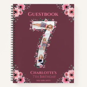 Big 7th Birthday Girl Photo Pink Flower Guest Book