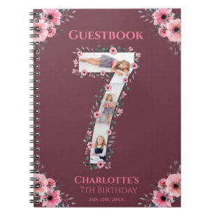 Big 7th Birthday Girl Photo Pink Flower Guest Book