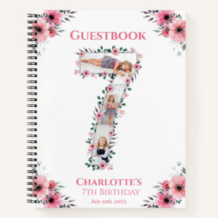 Big 7th Birthday Girl Photo Pink Flower Guest Book