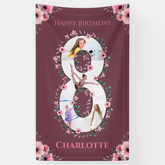 Big 8th Birthday Girl Photo Collage Pink Flower Ba Banner (Vertical)