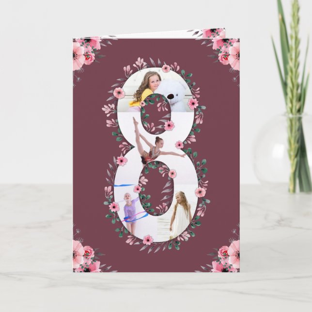 Big 8th Birthday Girl Photo Collage Pink Flower Card (Front)