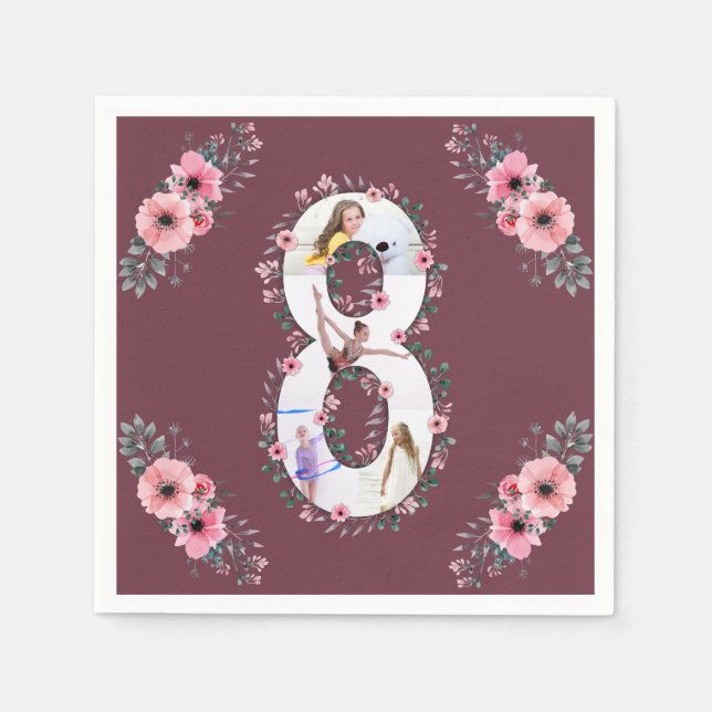 Big 8th Birthday Girl Photo Collage Pink Flower Napkin (Front)