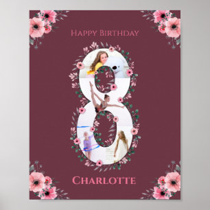Big 8th Birthday Girl Photo Collage Pink Flower Poster
