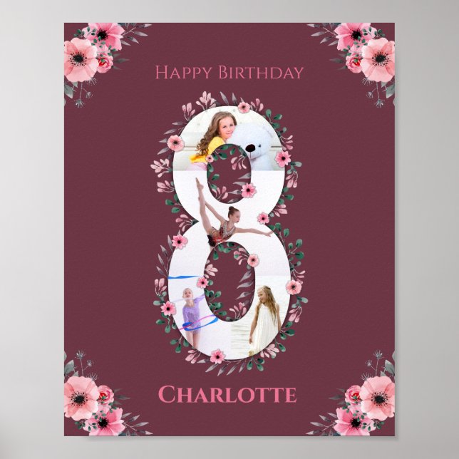 Big 8th Birthday Girl Photo Collage Pink Flower Poster (Front)