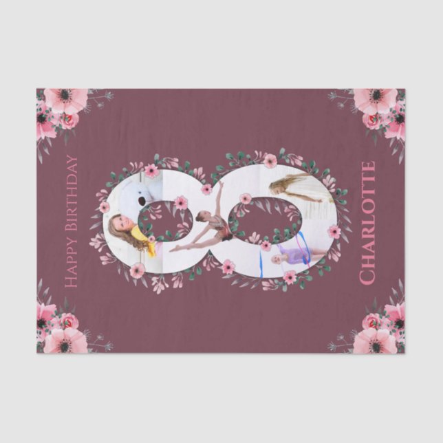 Big 8th Birthday Girl Photo Collage Pink Flower Ti Tissue Paper (Front)