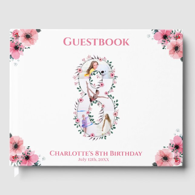 Big 8th Birthday Photo Collage Flower Girl White Guest Book (Front)