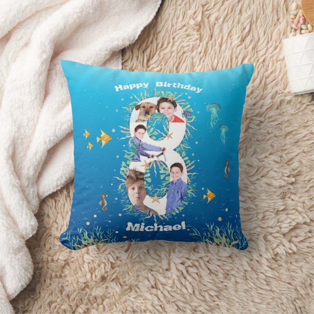 Big 8th Birthday Photo Collage Under The Sea Cushion (Blanket)