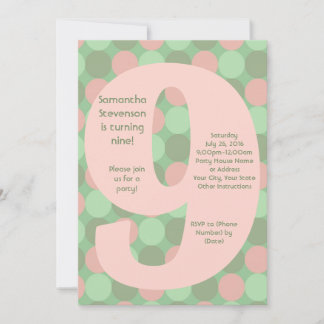 Big 9 Birthday Party Invitations, Pink and Green Invitation