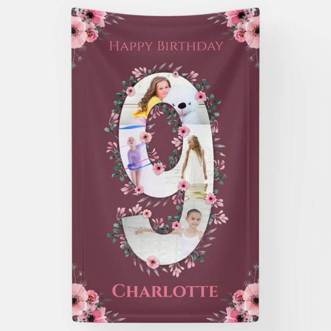 Big 9th Birthday Girl Photo Collage Pink Flower Banner (Vertical)