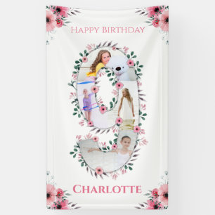Big 9th Birthday Girl Photo Collage Pink Flower Banner