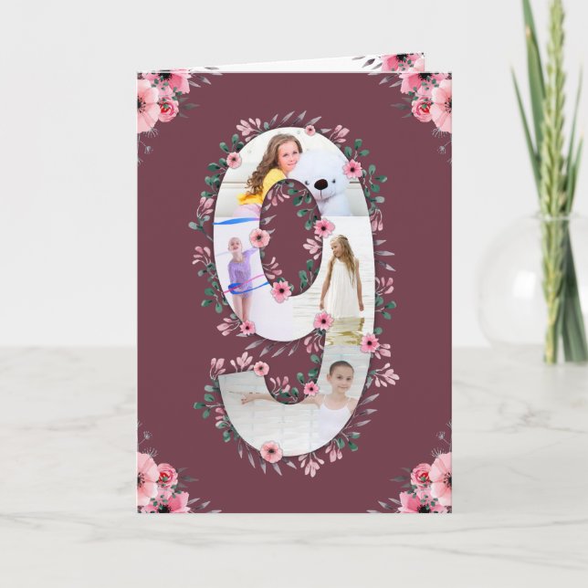 Big 9th Birthday Girl Photo Collage Pink Flower Card (Front)