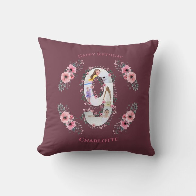 Big 9th Birthday Girl Photo Collage Pink Flower Cushion (Front)