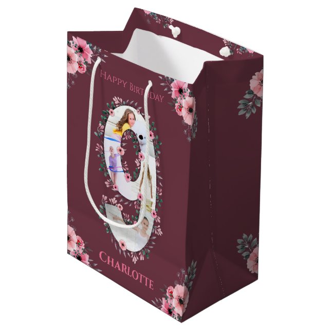 Big 9th Birthday Girl Photo Collage Pink Flower Medium Gift Bag (Front Angled)