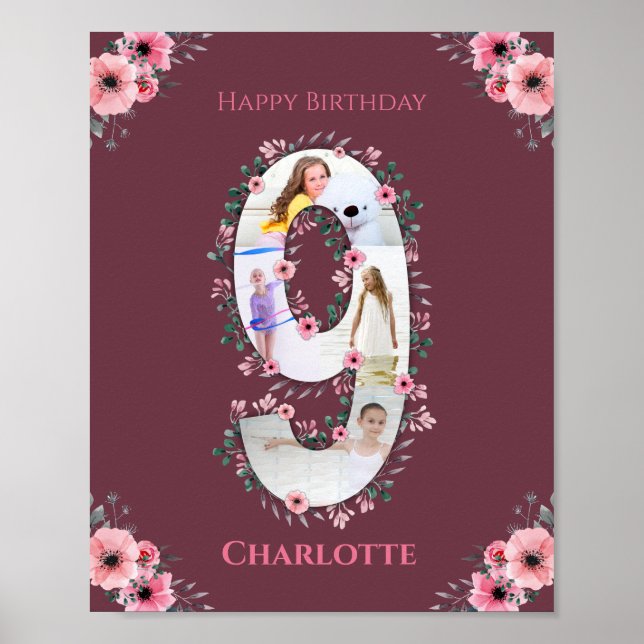 Big 9th Birthday Girl Photo Collage Pink Flower Poster (Front)