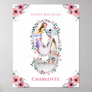 Big 9th Birthday Girl Photo Collage Pink Flower Poster
