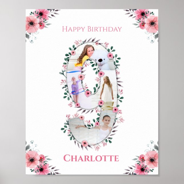 Big 9th Birthday Girl Photo Collage Pink Flower Poster (Front)