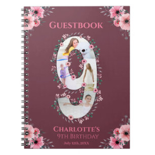 Big 9th Birthday Girl Photo Pink Flower Guest Book