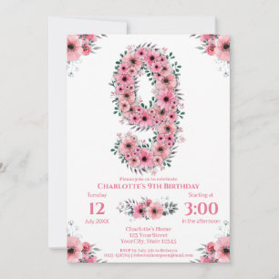 Big 9th Birthday Green Foliage Girl Pink Flowers Invitation